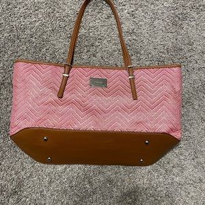Nine West Women’s Tote shoulder bag Woven‎ Pink Brown Chevron Medium 14×9×4 Boho